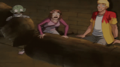 A Man In A Yellow Shirt Is Standing Next To A Woman In A Pink Shirt And A Man In A Green Helmet GIF