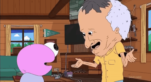 A Man In A Yellow Shirt Is Talking To A Cartoon Character In A Living Room With A Bass Banner On The Wall GIF