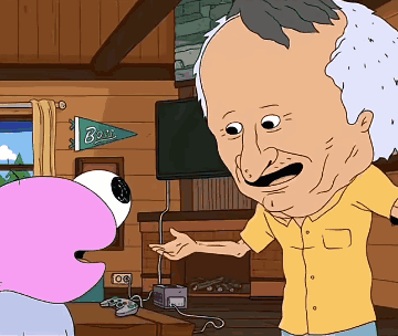 A Man In A Yellow Shirt Is Talking To A Cartoon Character In Front Of A Sign That Says Bobs GIF