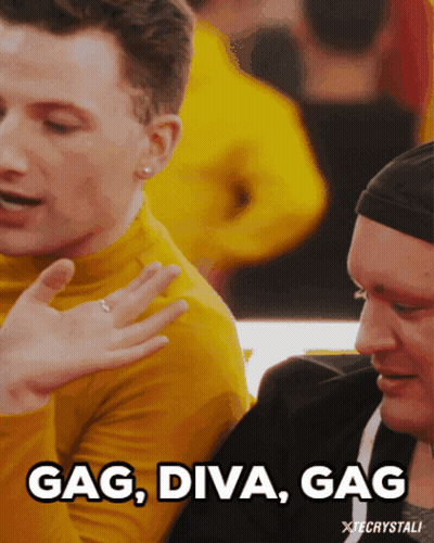 A Man In A Yellow Shirt Is Talking To Another Man And The Words Gag Diva Gag Are Visible GIF
