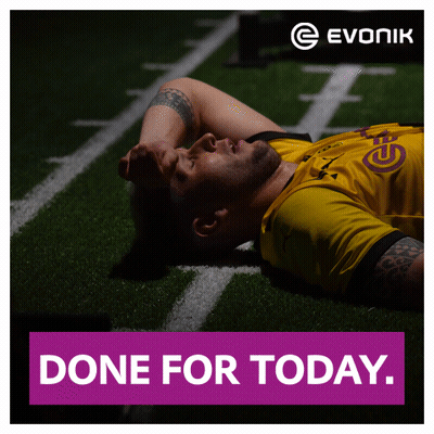 A Man In A Yellow Shirt Laying On A Soccer Field With The Words Done For Today Below Him GIF