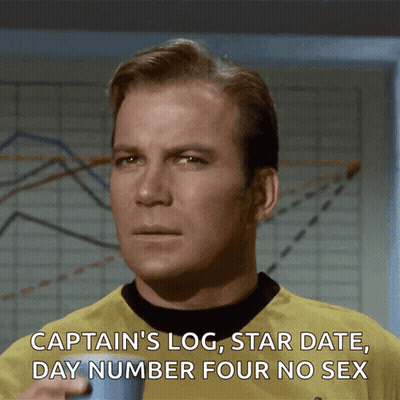 A Man In A Yellow Shirt Says Captain 'S Log Star Date Day Number Four No Sex In Front Of A Graph GIF