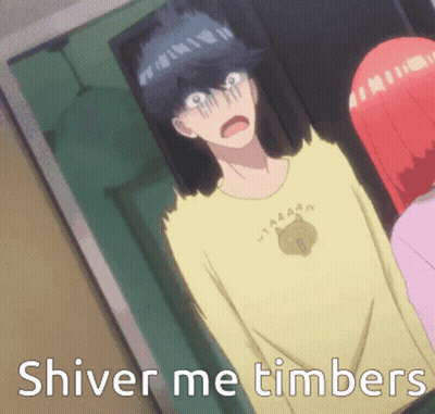 A Man In A Yellow Shirt Says " Shiver Me Timbers " In Front Of A Woman GIF