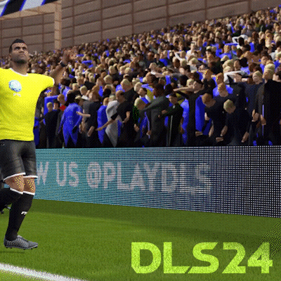 A Man In A Yellow Shirt Stands On A Soccer Field With Dls24 Written On The Bottom GIF