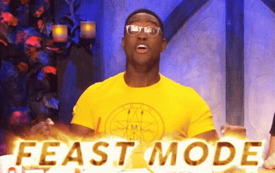 A Man In A Yellow Shirt With The Word Feast Mode Written On It GIF
