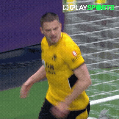 A Man In A Yellow Shirt With The Word Play Sports On The Bottom Right GIF