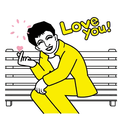 A Man In A Yellow Suit Is Sitting On A Bench With The Words Love You Written On It Sticker
