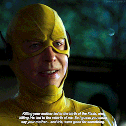 A Man In A Yellow Superhero Costume Is Talking About His Mother And Iris GIF