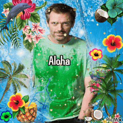A Man In An Aloha Shirt Is Surrounded By Tropical Flowers GIF