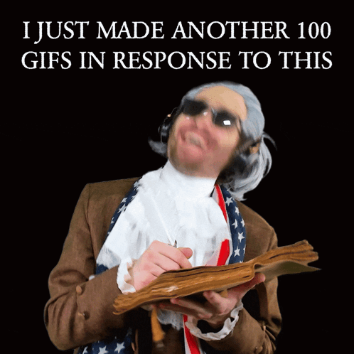 A Man In An American Flag Costume Is Holding A Book And Writing On It GIF