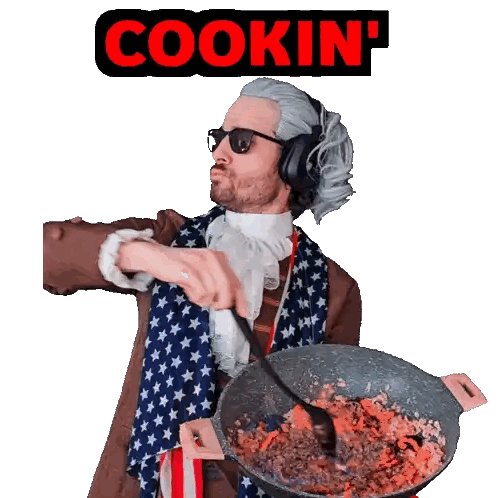 A Man In An American Flag Costume Is Holding A Pan Of Food With The Word Cookin ' Written Above Him Sticker