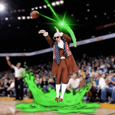 a man in an american flag outfit throws a basketball in the air