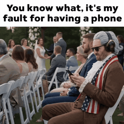 A Man In An American Flag Vest Is Looking At His Phone At A Wedding Ceremony GIF