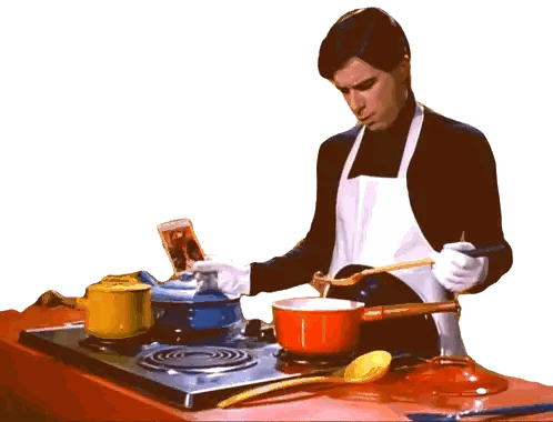 A Man In An Apron Cooking On A Stove Top Sticker