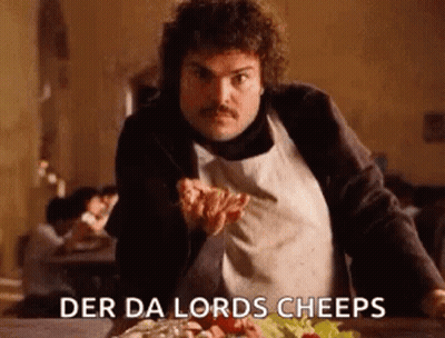 A Man In An Apron Is Eating A Pizza And Says Der Da Lords Cheeps GIF
