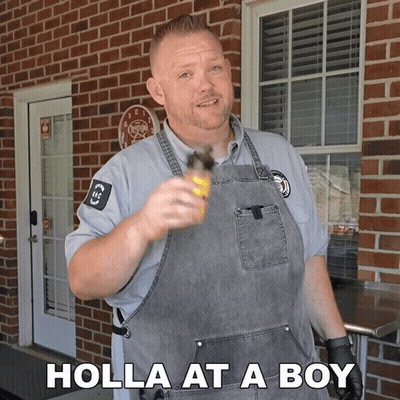 A Man In An Apron Is Holding A Bottle And The Words Holla At A Boy Are Below Him GIF