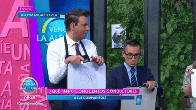 A Man In An Apron Is Holding A White Board That Says Cyn On It GIF