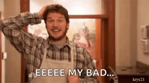 A Man In An Apron Is Scratching His Head And Saying `` Eeee My Bad . '' GIF