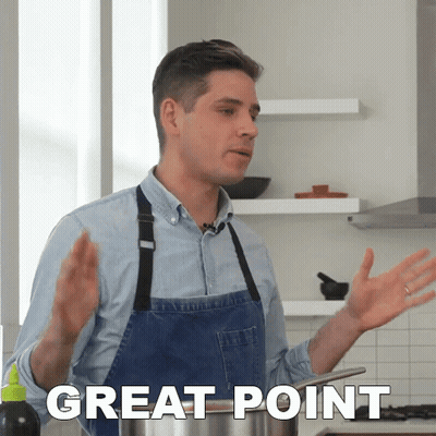 A Man In An Apron Is Standing In Front Of A Pot That Says " Great Point " GIF