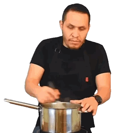 A Man In An Apron Stirs A Pot With A Spoon Sticker