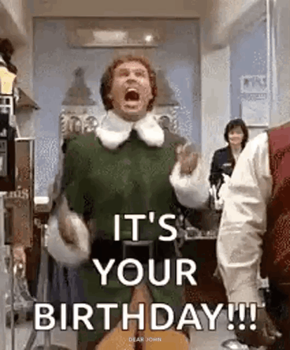 A Man In An Elf Costume Is Screaming And Saying `` It 'S Your Birthday !! '' GIF