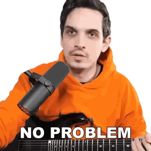 A Man In An Orange Hoodie Is Playing A Guitar In Front Of A Microphone With The Words No Problem Above Him Sticker