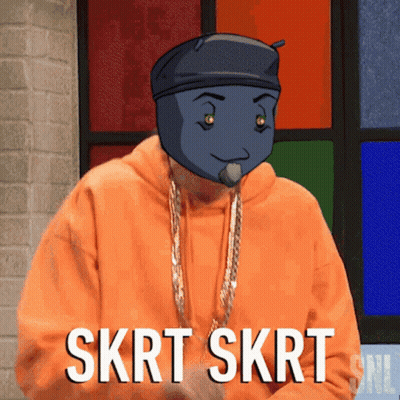 A Man In An Orange Hoodie Says Skrt Skrt In Front Of A Stained Glass Window GIF