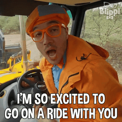 A Man In An Orange Jacket Is Driving A Bulldozer And Says I 'M So Excited To Go On A Ride With You GIF