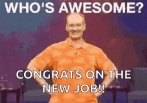 A Man In An Orange Shirt Is Congratulating Someone On A New Job . GIF