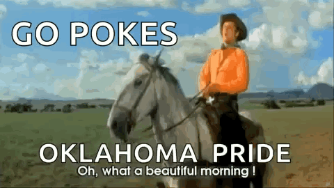 A Man In An Orange Shirt Is Riding A Horse In A Field GIF