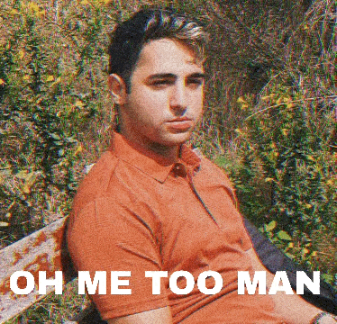 A Man In An Orange Shirt Sits On A Bench With The Words Oh Me Too Man Above Him GIF