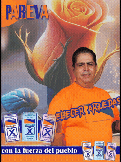 A Man In An Orange Shirt Stands In Front Of A Flower And A Sign That Says Pareva GIF