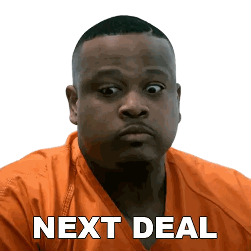 A Man In An Orange Shirt With The Words Next Deal Written Below Him Sticker