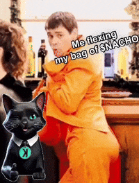 A Man In An Orange Suit Is Flexing His Bag Of Nacho Chips GIF