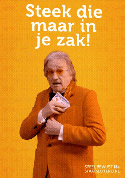 A Man In An Orange Suit Is Holding A Piece Of Paper That Says ' Steek Die Maar In Je Zak ' On It GIF