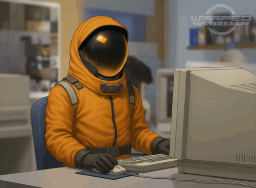 A Man In An Orange Suit Is Sitting At A Desk In Front Of A Computer With Warped Universe Written On The Bottom Right GIF