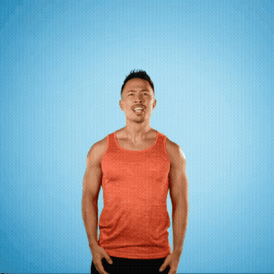 A Man In An Orange Tank Top Is Screaming In Front Of A Blue Background With The Word Et 'S On It GIF