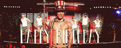 A Man In An Uncle Sam Hat Is Standing In Front Of A Happy Birthday Sign GIF