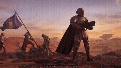 A Man In Armor Holding A Gun And A Flag With The Words " And Spread Managed Democracy Throughout The Galaxy " Below Him GIF