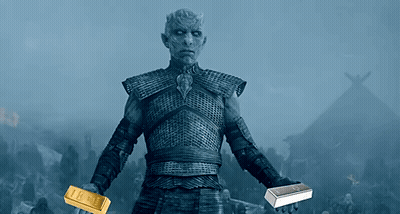 A Man In Armor Holds A Gold Bar And A Silver Bar In His Hands GIF