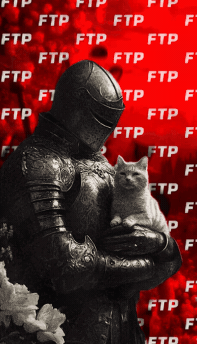 A Man In Armor Is Holding A Cat In Front Of A Red Background With Ftp Written On It GIF
