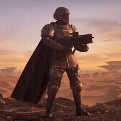 A Man In Armor Is Holding A Gun And Wearing A Black Cape GIF