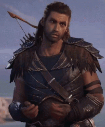 A Man In Armor Is Holding A Knife And A Bow . GIF