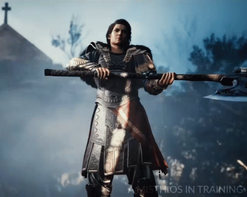 A Man In Armor Is Holding A Large Axe And The Words Amisthios In Training Are On The Bottom GIF