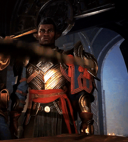 A Man In Armor Is Holding A Sword And Has A Belt With A Coin On It GIF