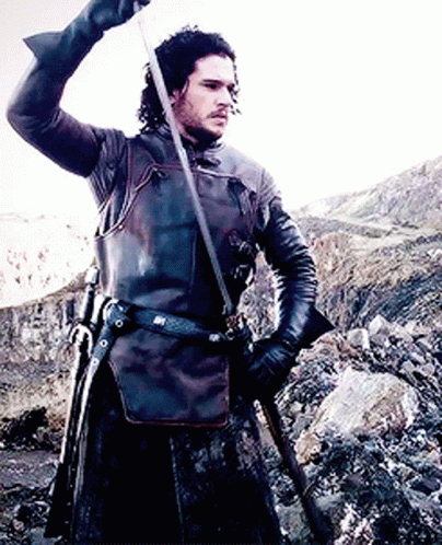 A Man In Armor Is Holding A Sword In His Hand . GIF