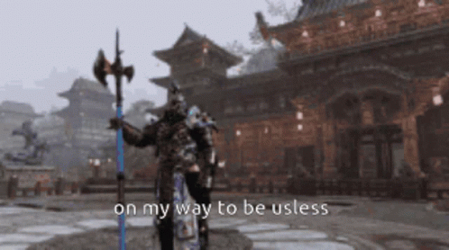 A Man In Armor Is Holding An Axe In Front Of A Building With The Words On My Way To Be Useless Written Below Him GIF