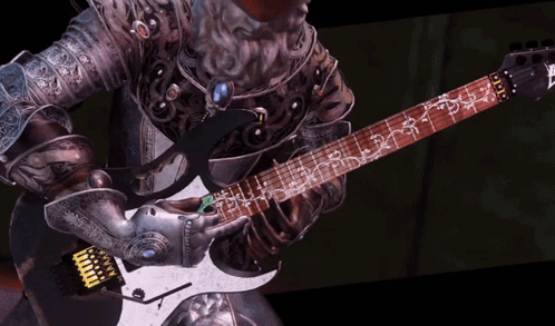 A Man In Armor Is Playing A Guitar With The Letters X On It GIF