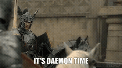 A Man In Armor Is Riding A Horse And Saying It 'S Daemon Time . GIF