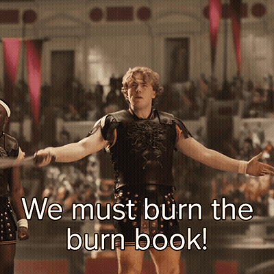 A Man In Armor Is Standing In Front Of A Crowd And Says We Must Burn The Burn Book GIF